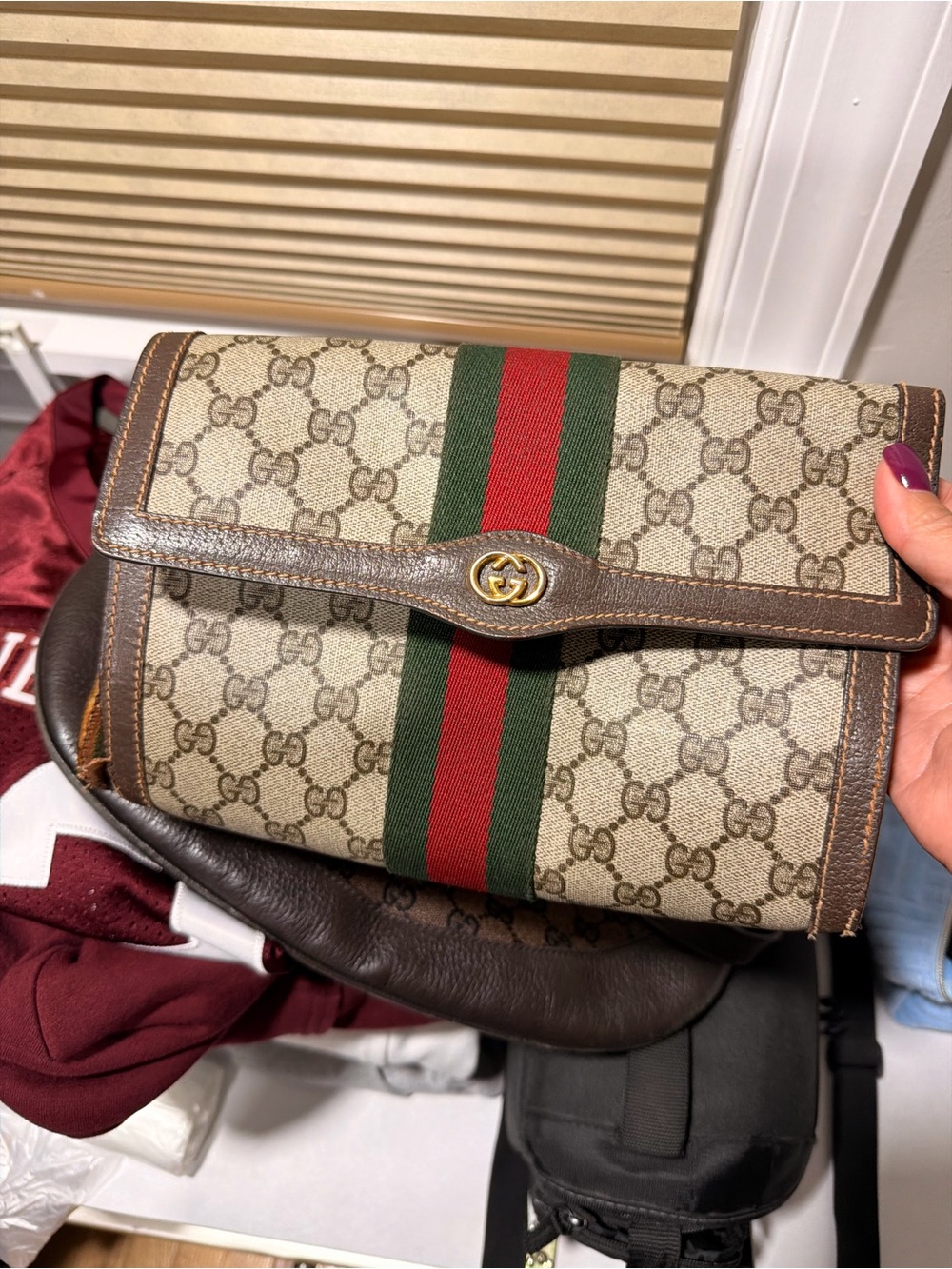 Gucci Beige GG Supreme Canvas Clutch with Green & Red Web Stripe
